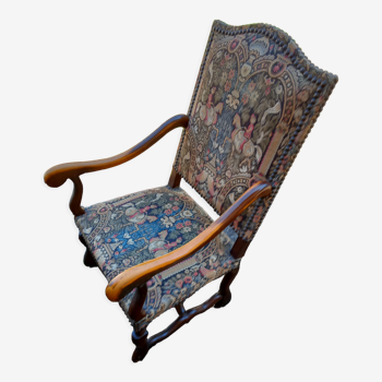 Armchair throne antique walnut wood louis XIII tapestry upholstery of origin nineteenth