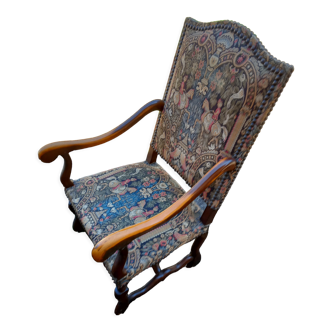 Fauteuil trône ancien en bois de noyer louis XIII tapisserie capitonnage d'origine XIXe