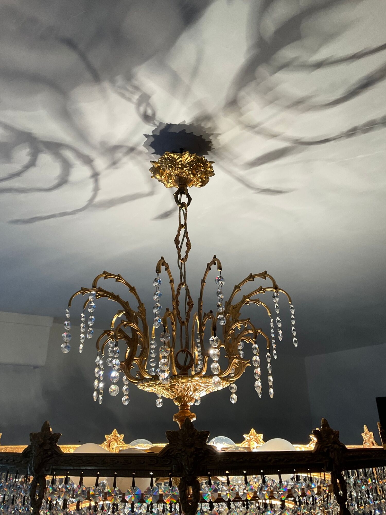 Old bronze waterfall chandelier with crystal tassels