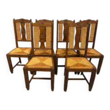Dining chairs set of 6, brutalist style, straw seat ash wood, 1950s, France
