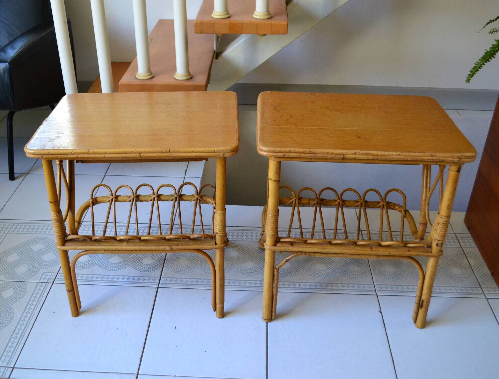 Pair of bamboo rattan bedside tables from the 70s.
