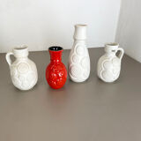 Set of 4 Red-White Fat Lava Op Art Pottery Vases by Bay Ceramics, Germany