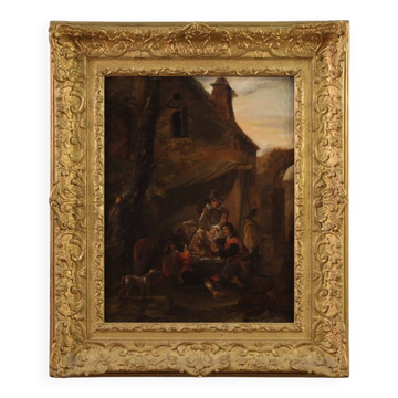 Peinture flamande sur panneau du XVIIIe siècle, joueurs de cartes
