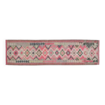 1970s Vintage Turkish Handmade Wool & Cotton Pink Runner Rug 94x344