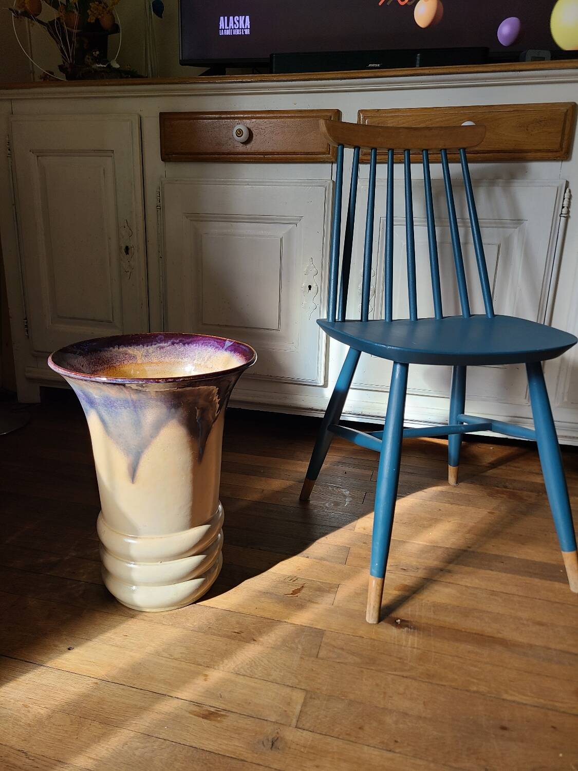 Large ceramic vase circa 50 blue/purple/beige enamel