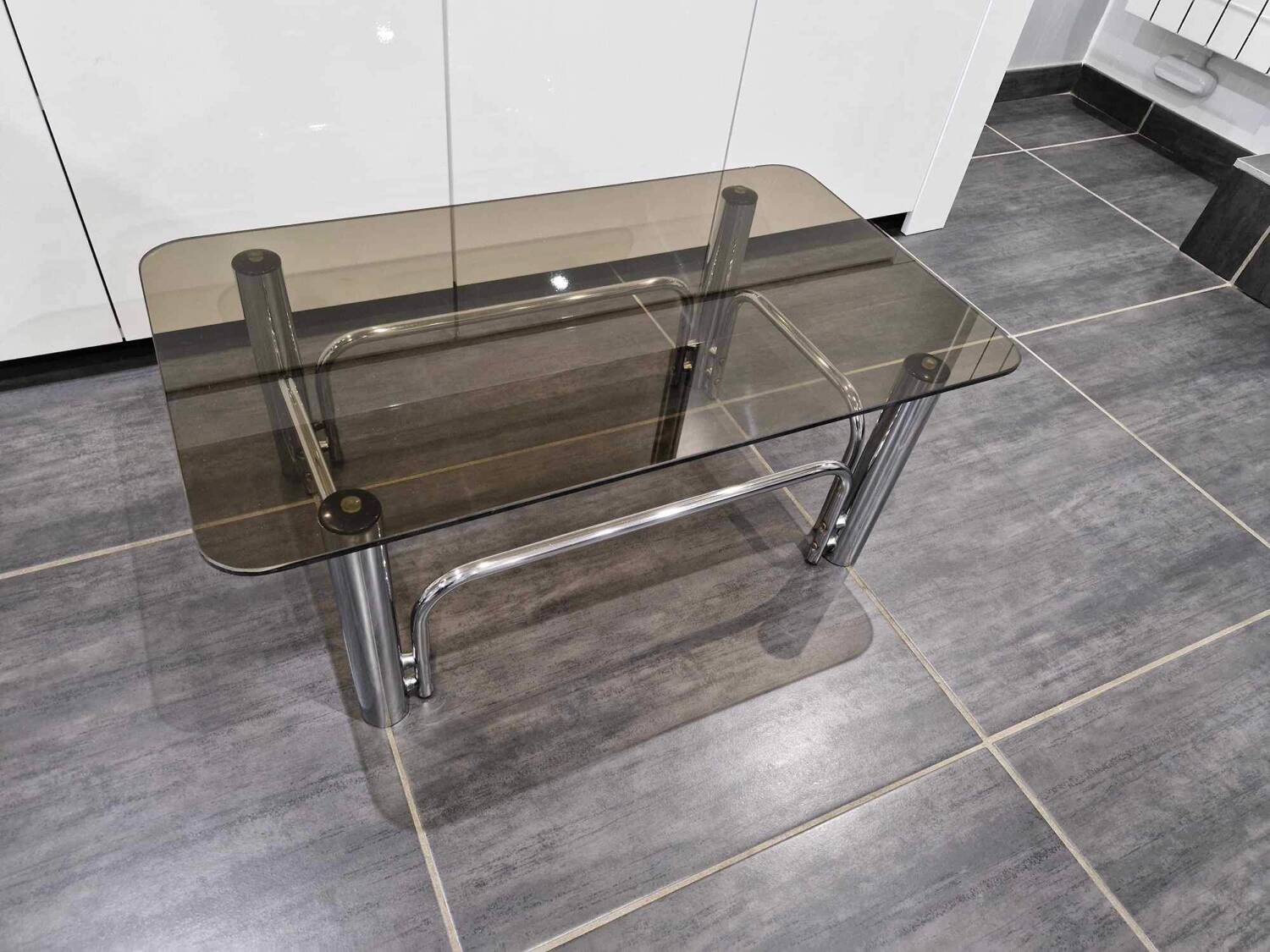 Vintage coffee table chrome metal and smoked glass 1970s