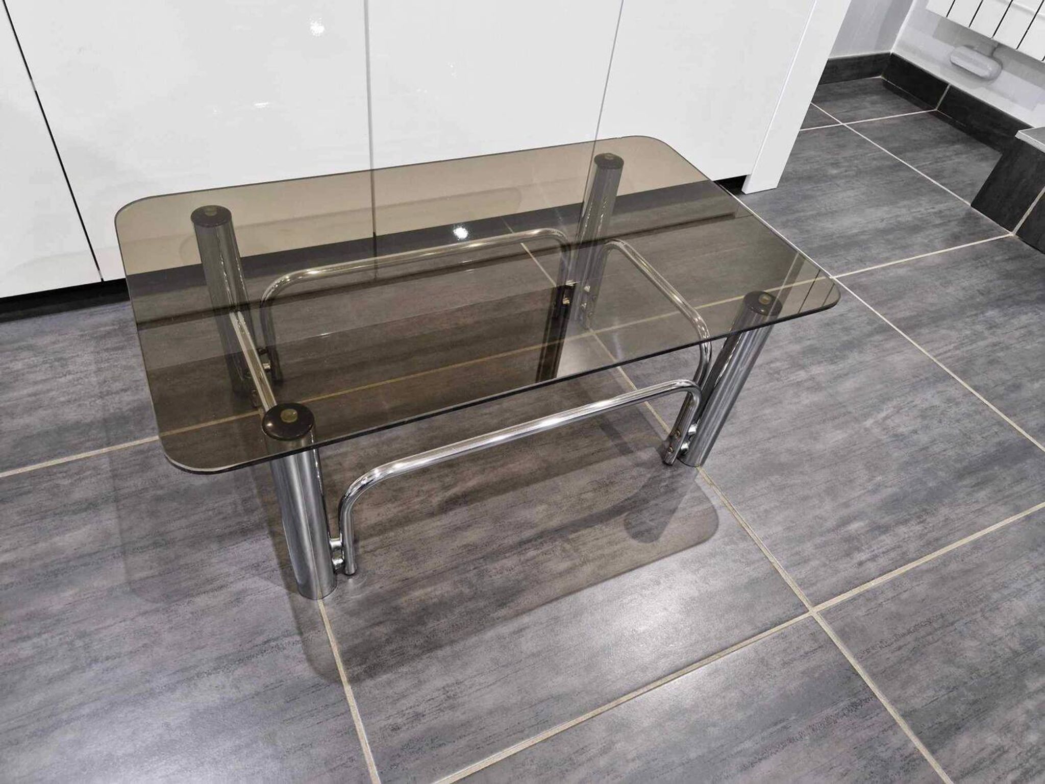 Vintage coffee table chrome metal and smoked glass 1970s