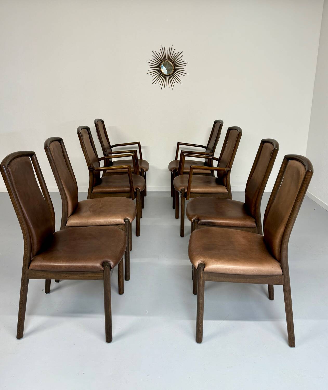 Set of 8 wooden and thick leather armchairs, Girsberger design, 80s