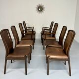 Set of 8 wooden and thick leather armchairs, Girsberger design, 80s
