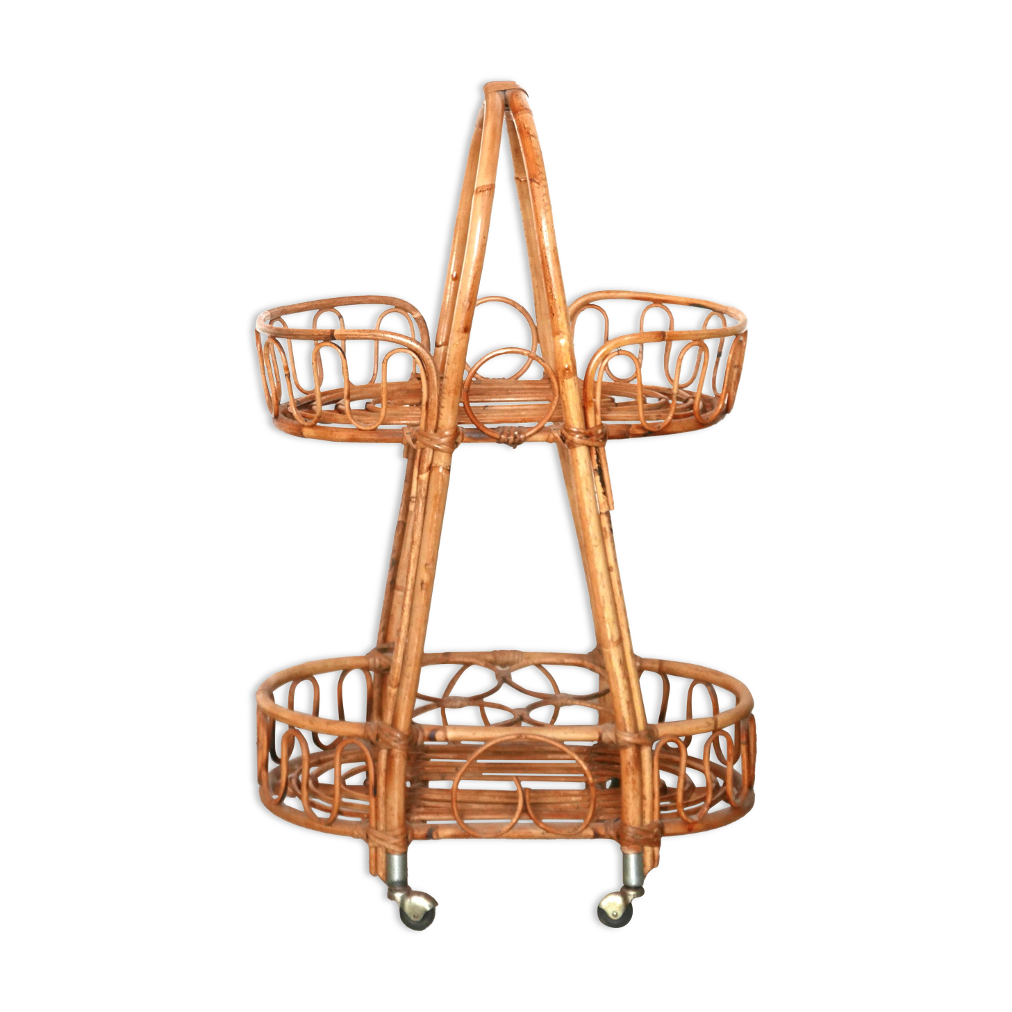 Rattan and bamboo trolley on wheels, 1950s