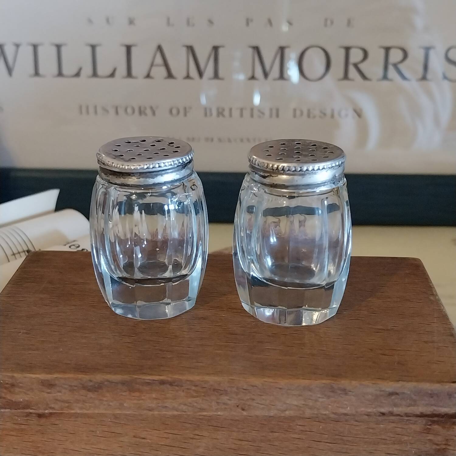 Antique salt and pepper shakers in crystal and silver metal.