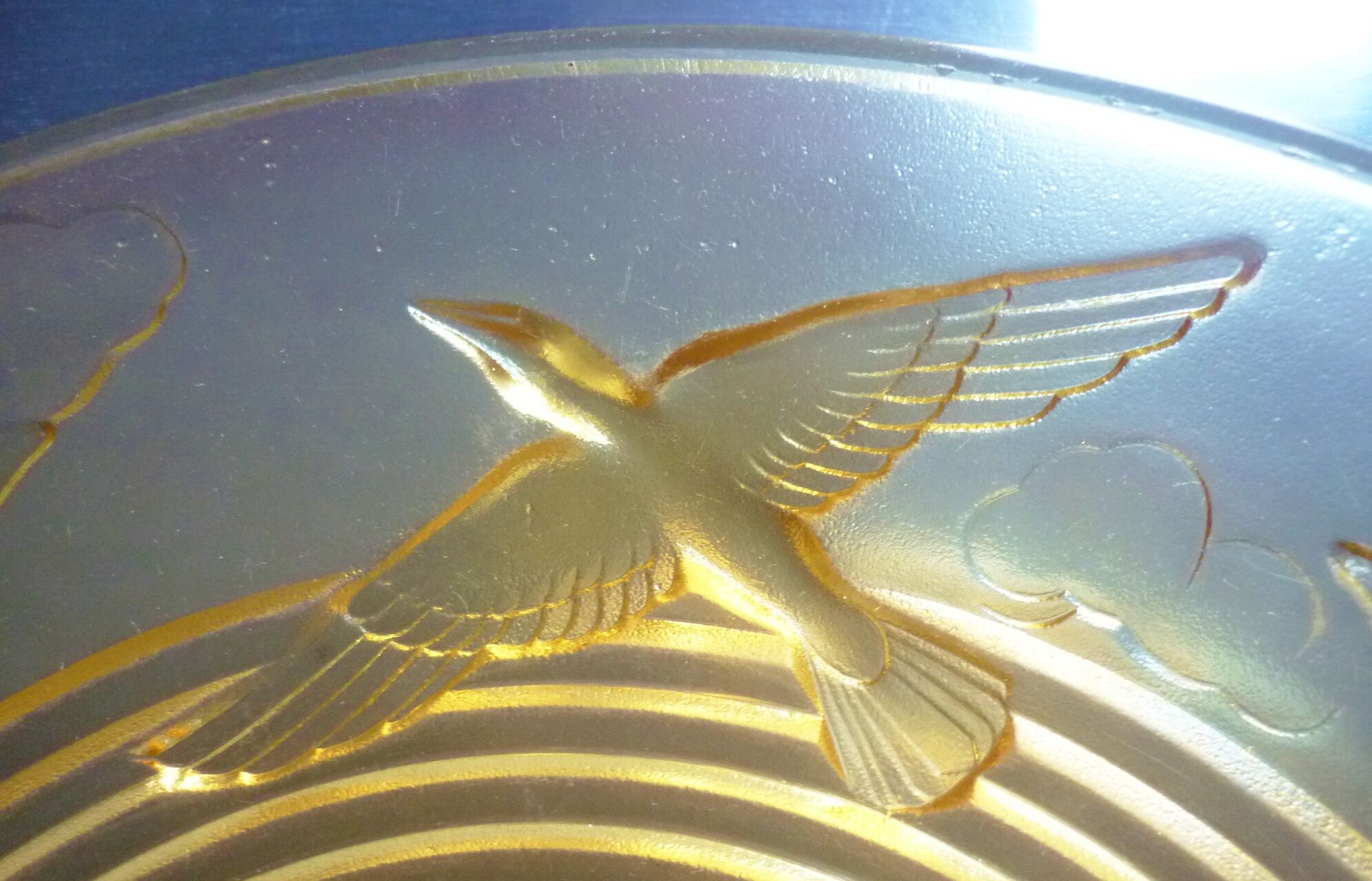 Cup, art deco centerpiece, 1930, pressed glass, molded, signed A.Miguel, albatross