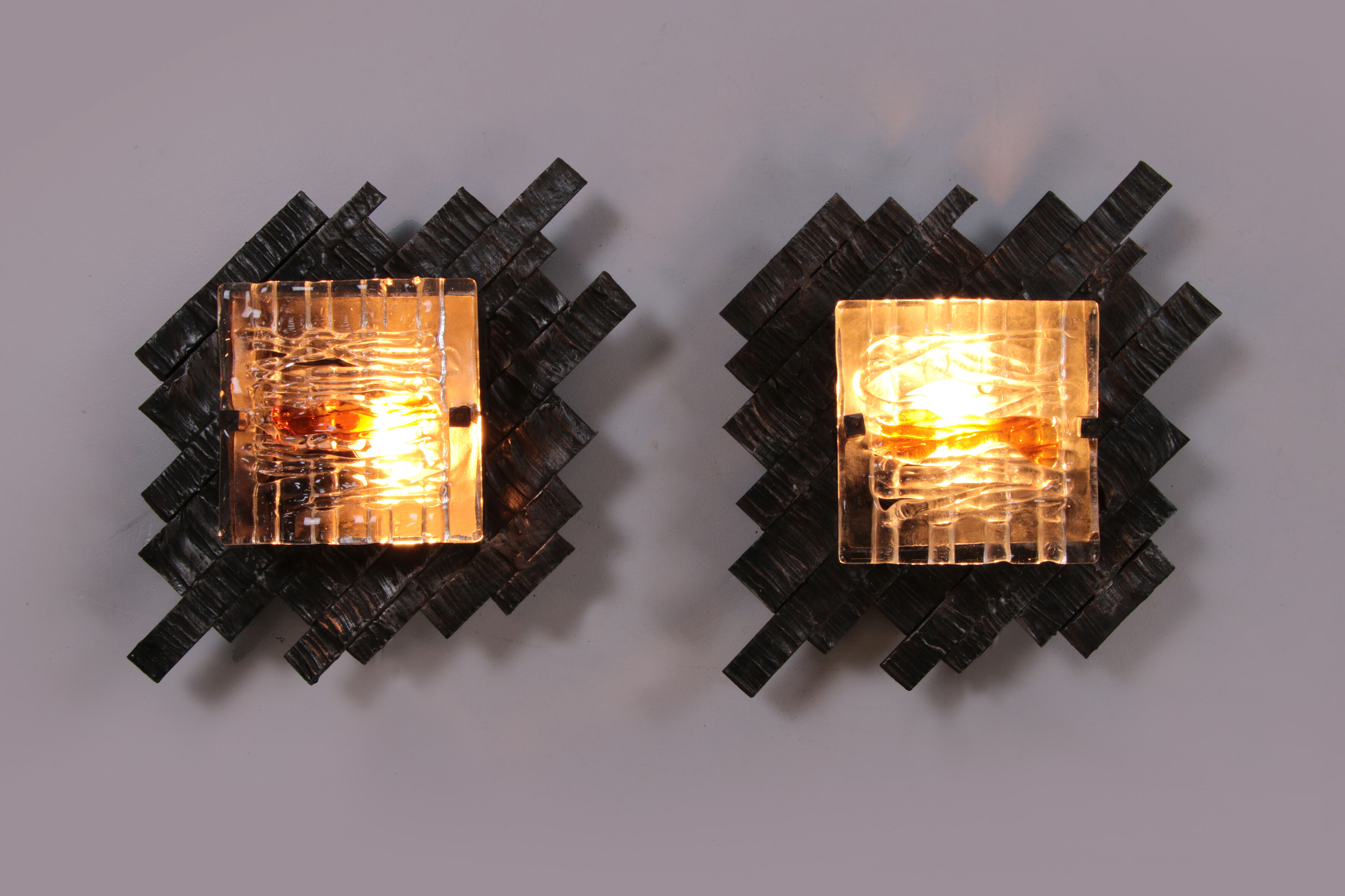 Brutalist wall lamps murano glass by Albano Poli for Poliarte, 70s, set of 2.