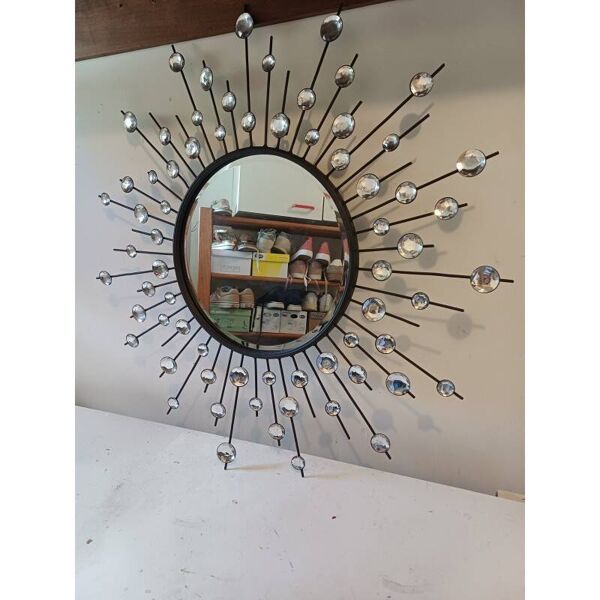 Miroir soleil fer miroir bisauté et cabochons diamants