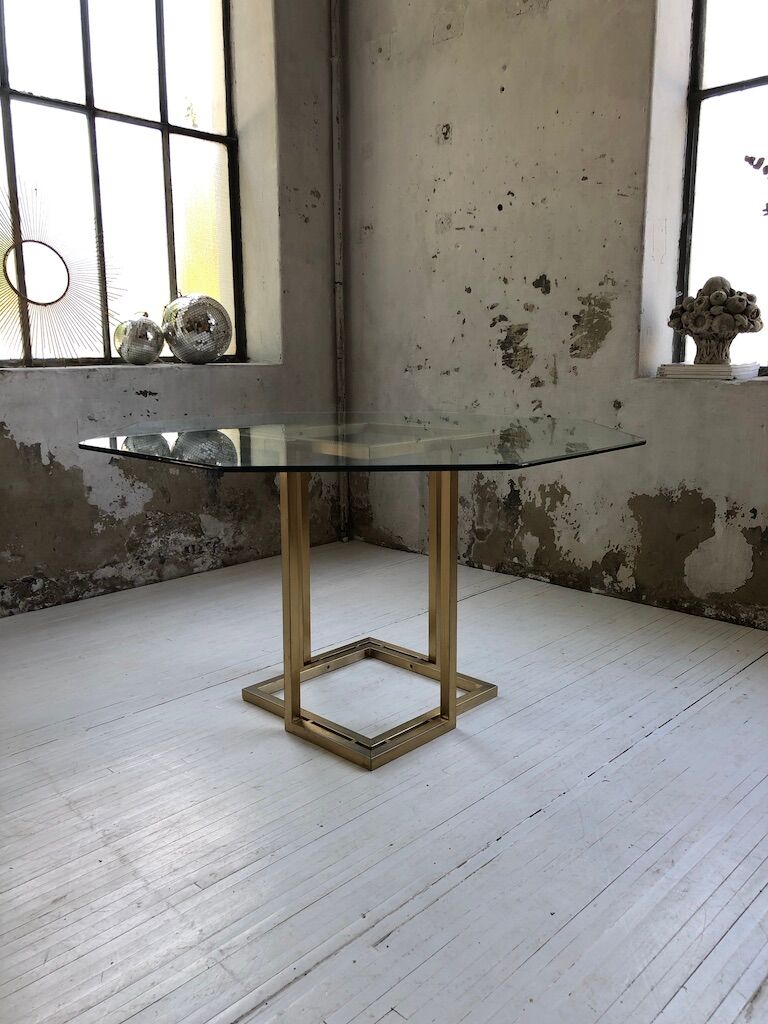 Italy octagonal table 70s glass and brass