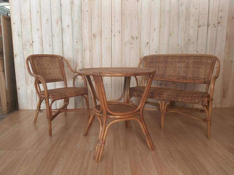 Rattan lounge set and vintage sofa