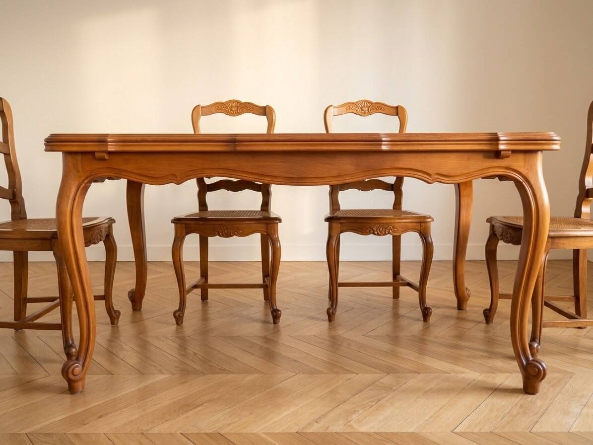 Dining table set with 6 chairs in cherry wood.