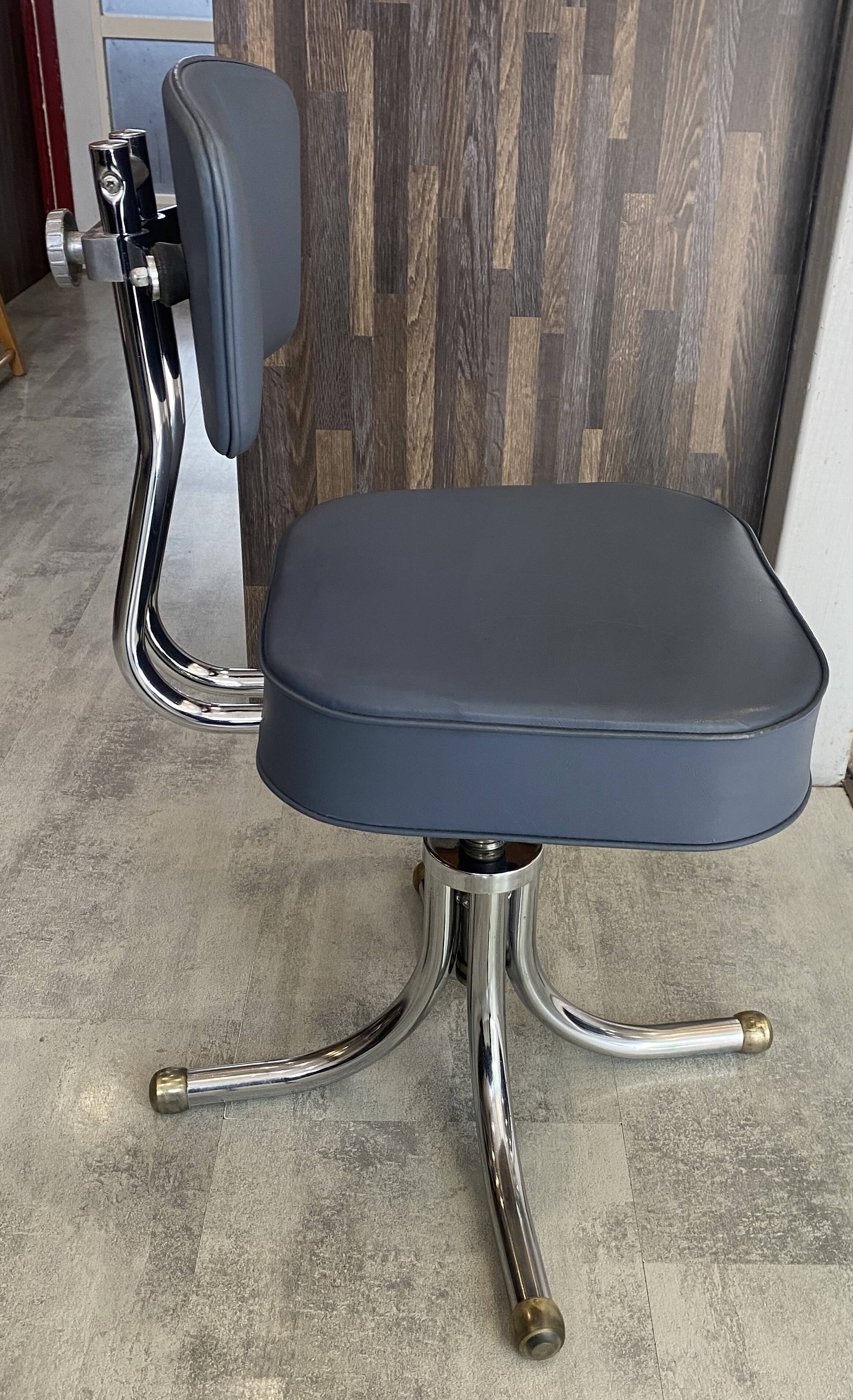 Swivel office chair in Roneo style, grey faux leather with vintage chrome.
