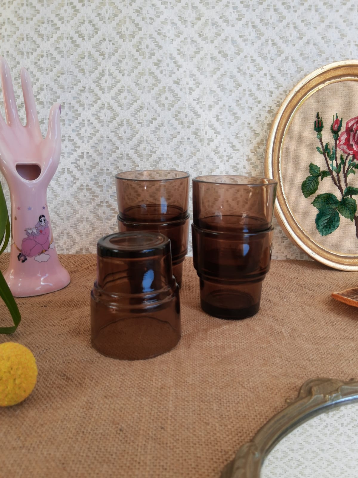 Lot de 5 verres fumés vereco empilable années 70 vintage
