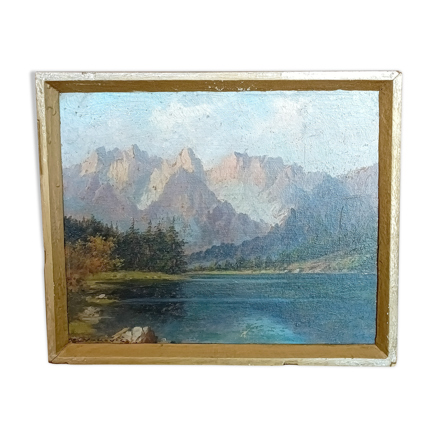 Oil on panel painting, signed K. Vukovic mountain and lake landscape
