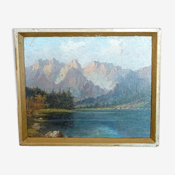 Tableau huile sur panneau, signé K. Vukovic paysage montagne et lac