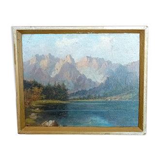 Tableau huile sur panneau, signé K. Vukovic paysage montagne et lac