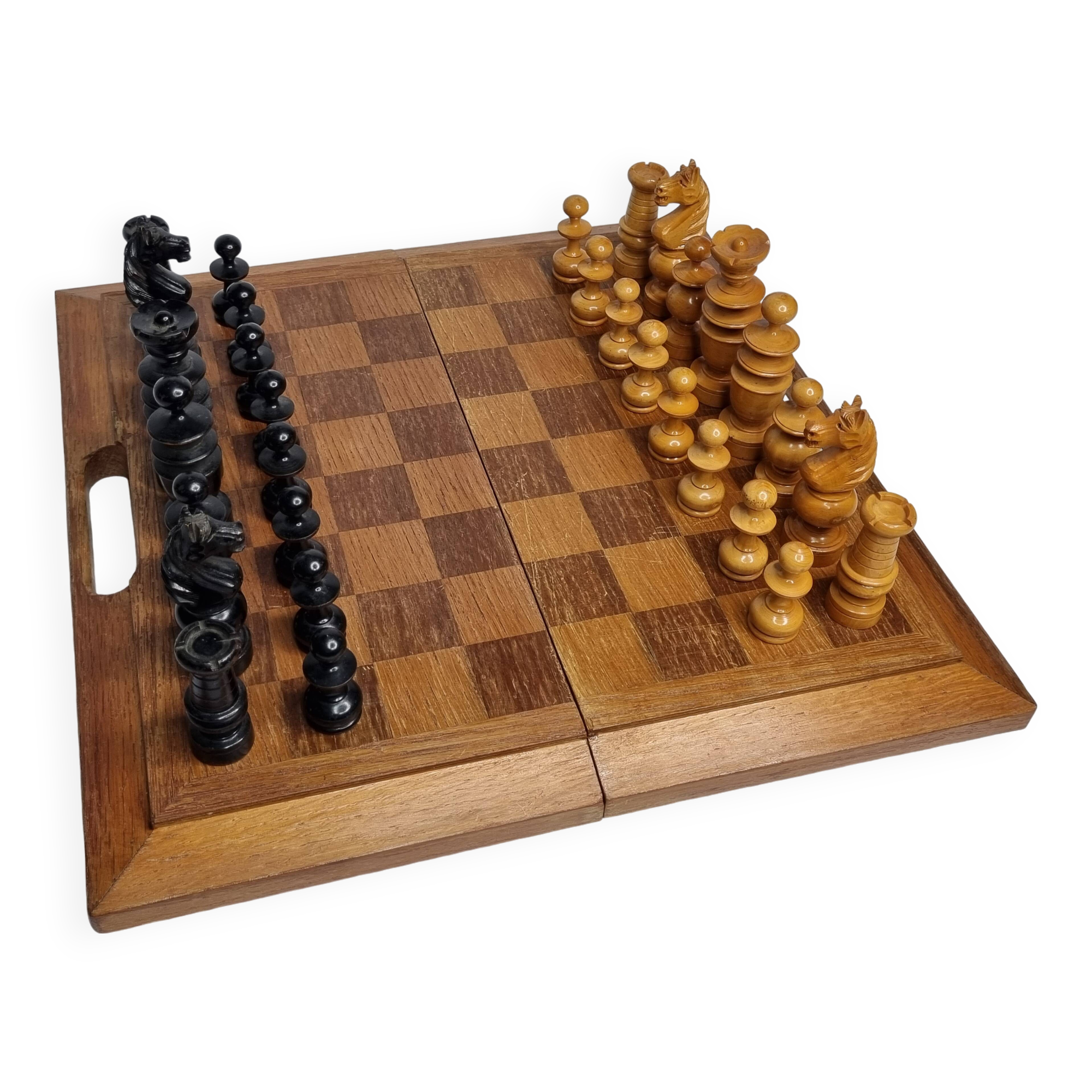 Vintage Solid Wood Folding Chess Set, Regency Bistro Style, Carved Turned Wood Pieces