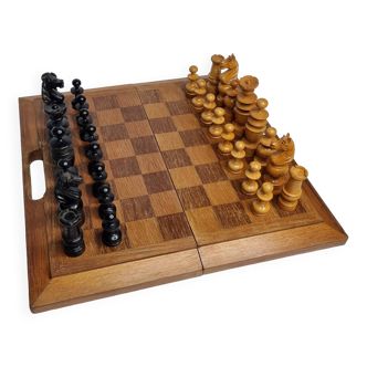 Vintage Solid Wood Folding Chess Set, Regency Bistro Style, Carved Turned Wood Pieces