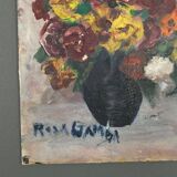 Huile sur carton bouquet de fleurs nature morte par Rosa Gamba XXe
