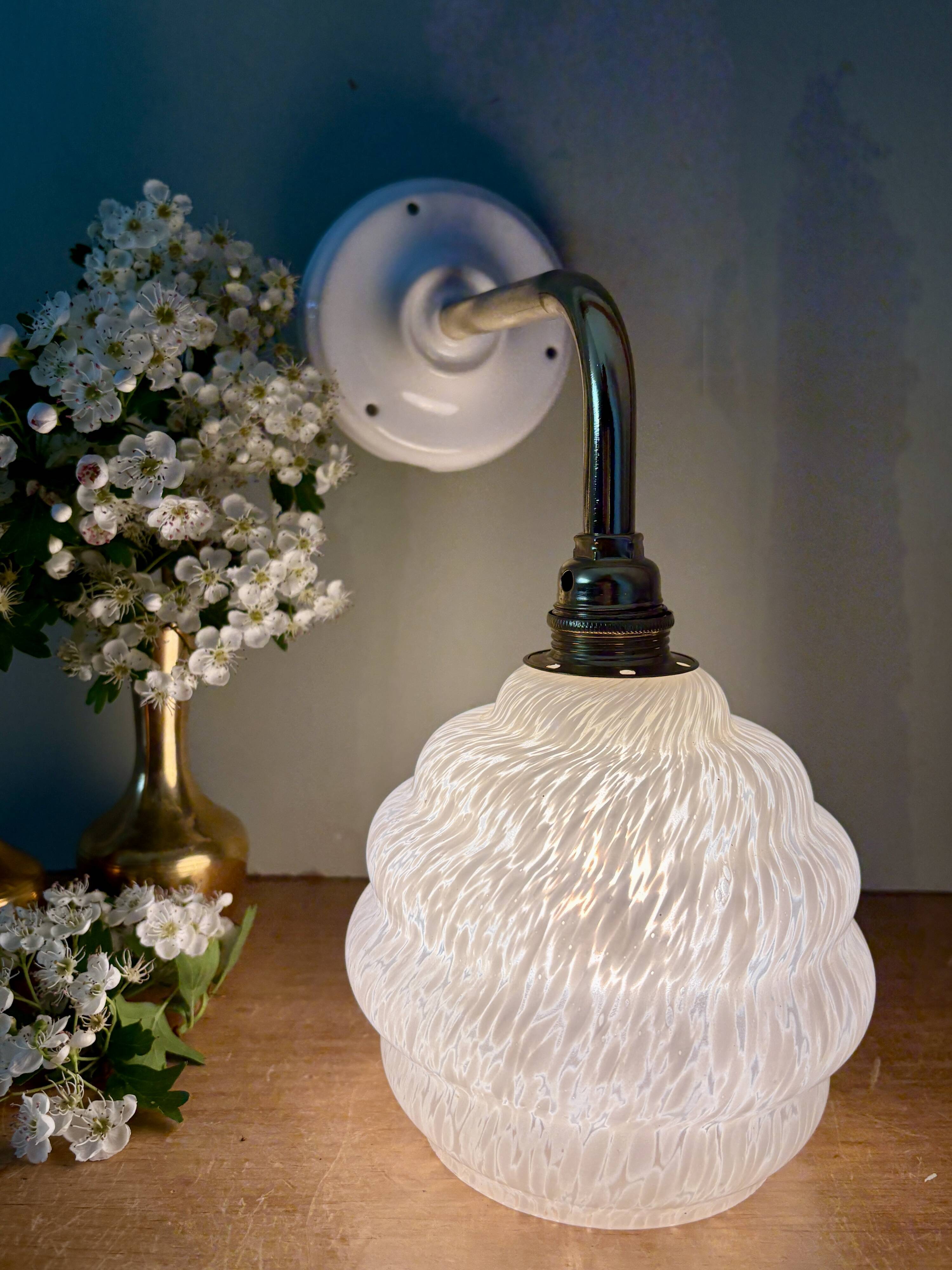 Vintage globe wall light in white Clichy glass