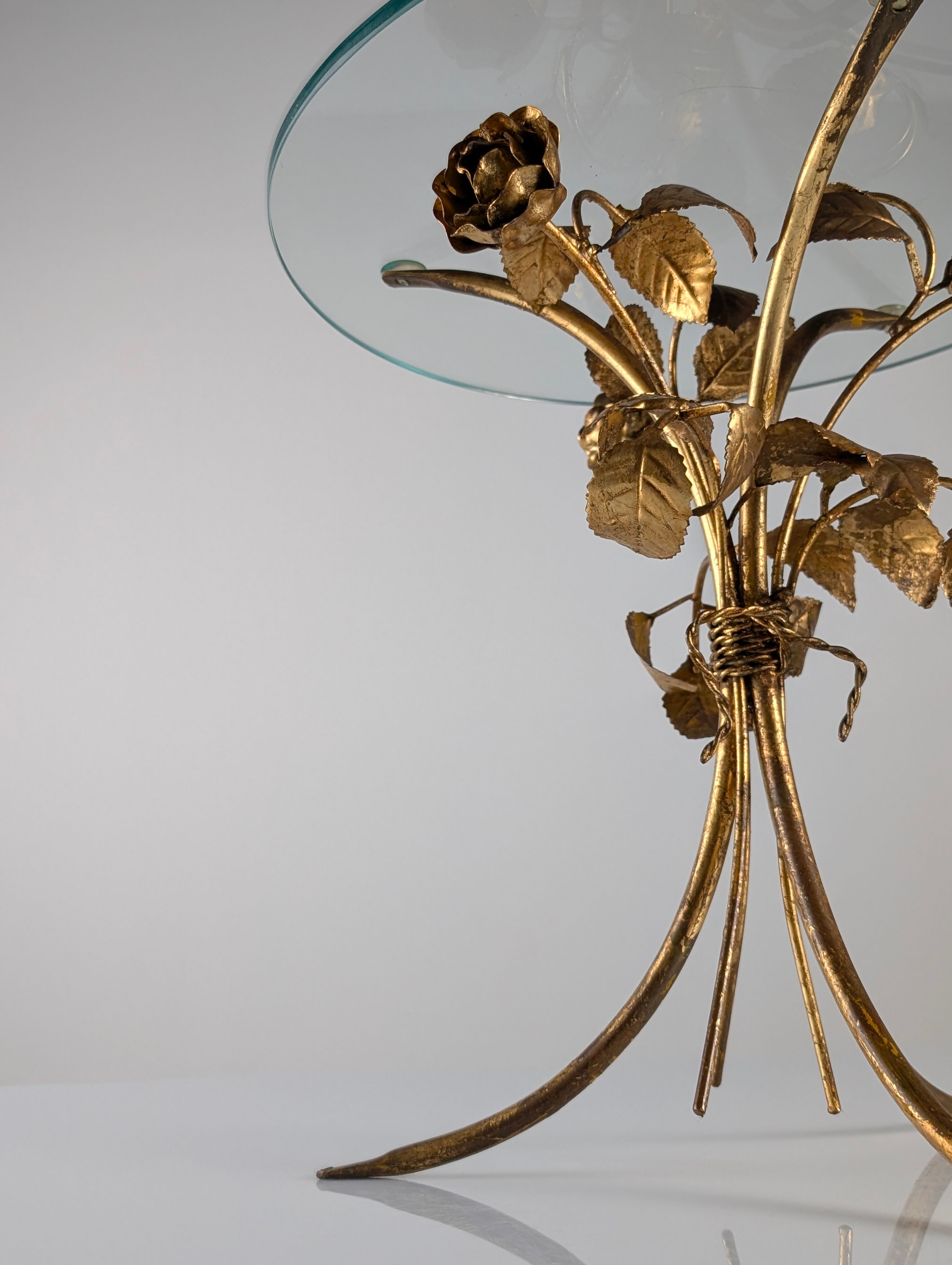 Mid-century side table in gilded metal with roses and glass top, 1970s