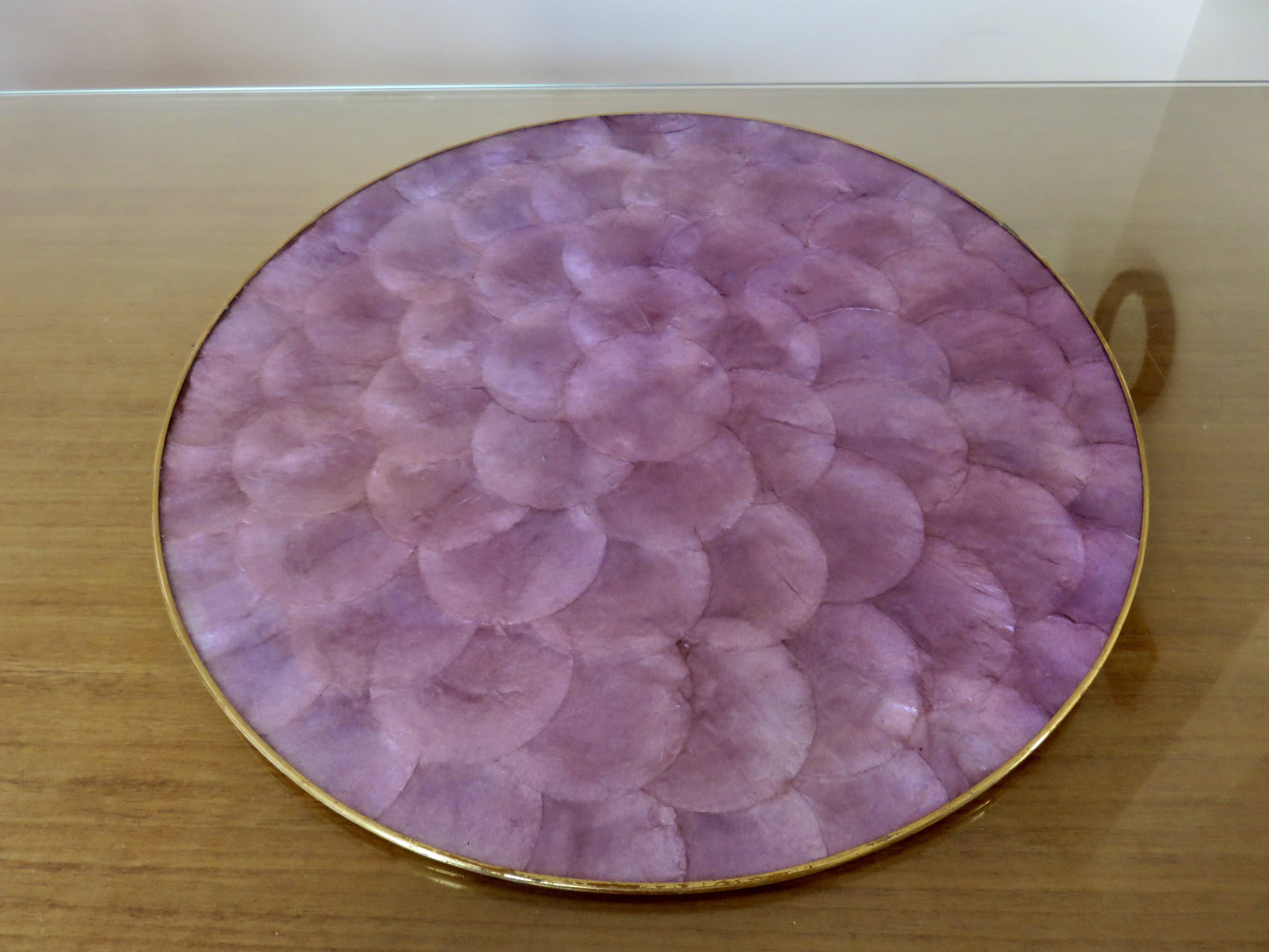 Purple mother-of-pearl trivet, Capiz from the Philippines, brass rim 1970.