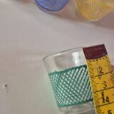 set of 4 vintage liqueur glasses in yellow, green, and blue