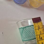 set of 4 vintage liqueur glasses in yellow, green, and blue