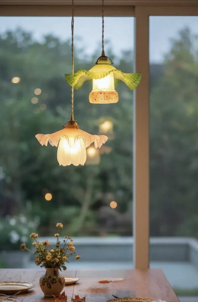 Paire de suspensions en opaline plissée et tulipes à motifs Art déco
