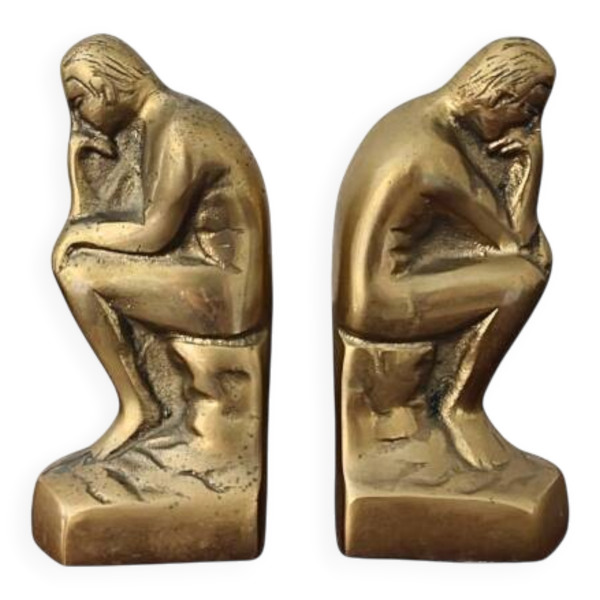 Paire de serre-livres Le Penseur de Rodin en laiton massif
