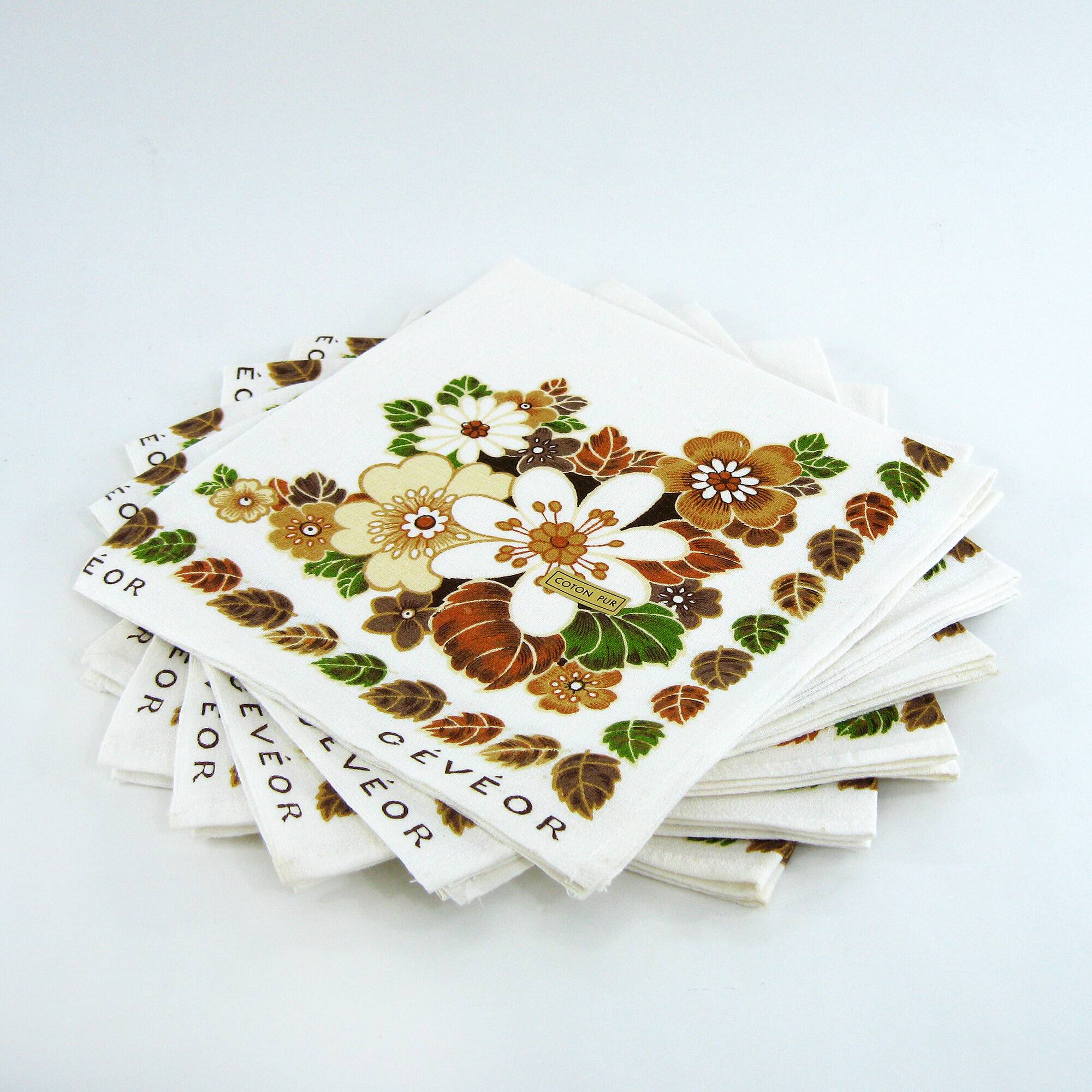6 cotton napkins - brown and green floral pattern - Gévéor France - vintage 70s