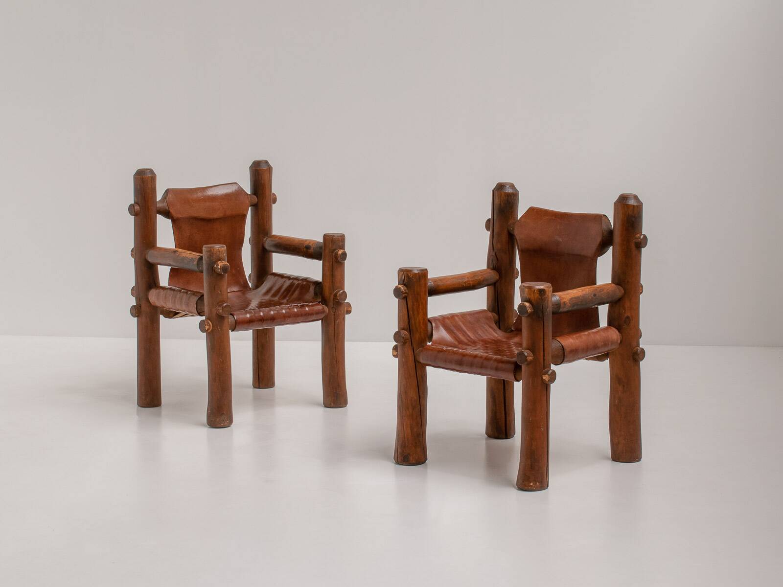 Brutalist Armchairs in Saddle Leather, Hungary, 1970s
