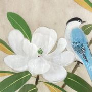 Small Japanese painting blue bird and flower vintage old watercolor