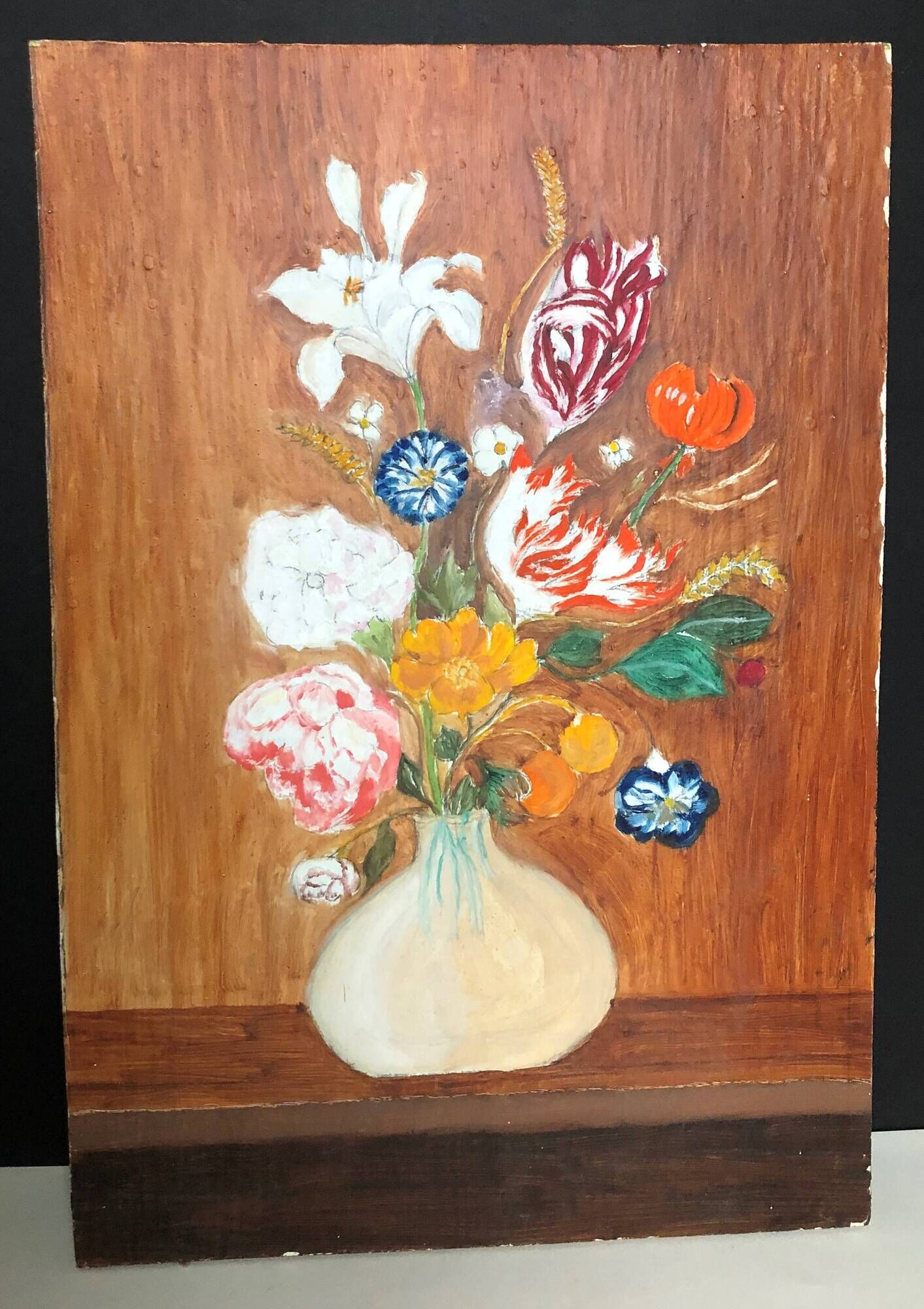 Huile sur panneau, nature morte au bouquet de fleurs