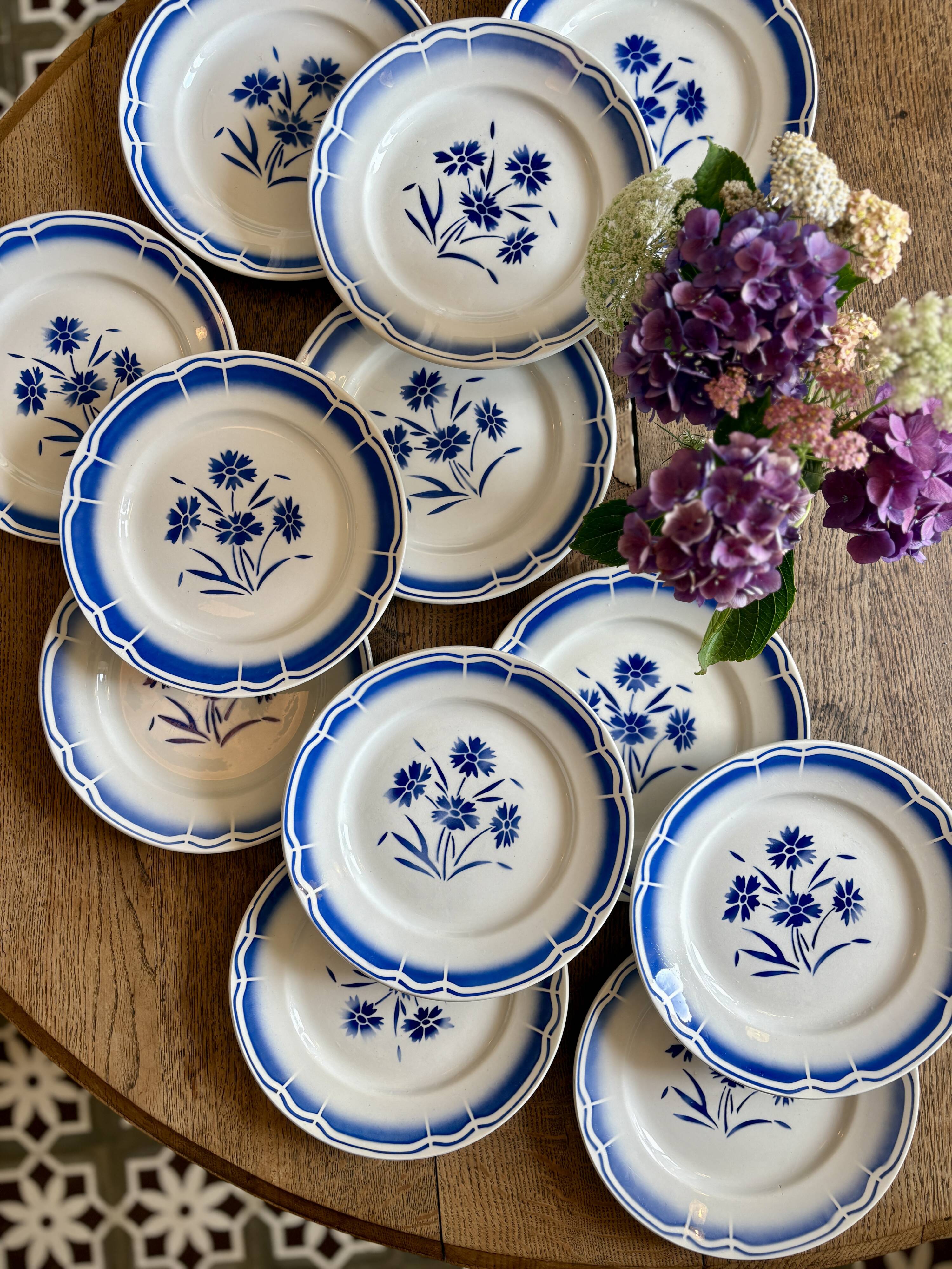 Set of 12 antique flat plates, blue flower decorations
