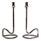 Minimalist Pair of Silver Plated Metal Candleholders in the Style of Sabattini