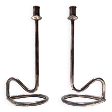 Minimalist Pair of Silver Plated Metal Candleholders in the Style of Sabattini
