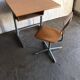 Embru 1960s desk and school chair set in brown wood and grey metal — set of 2