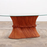 Bohemian bamboo mcguire dining table set with 6 palm leaf chairs, 1960 france.