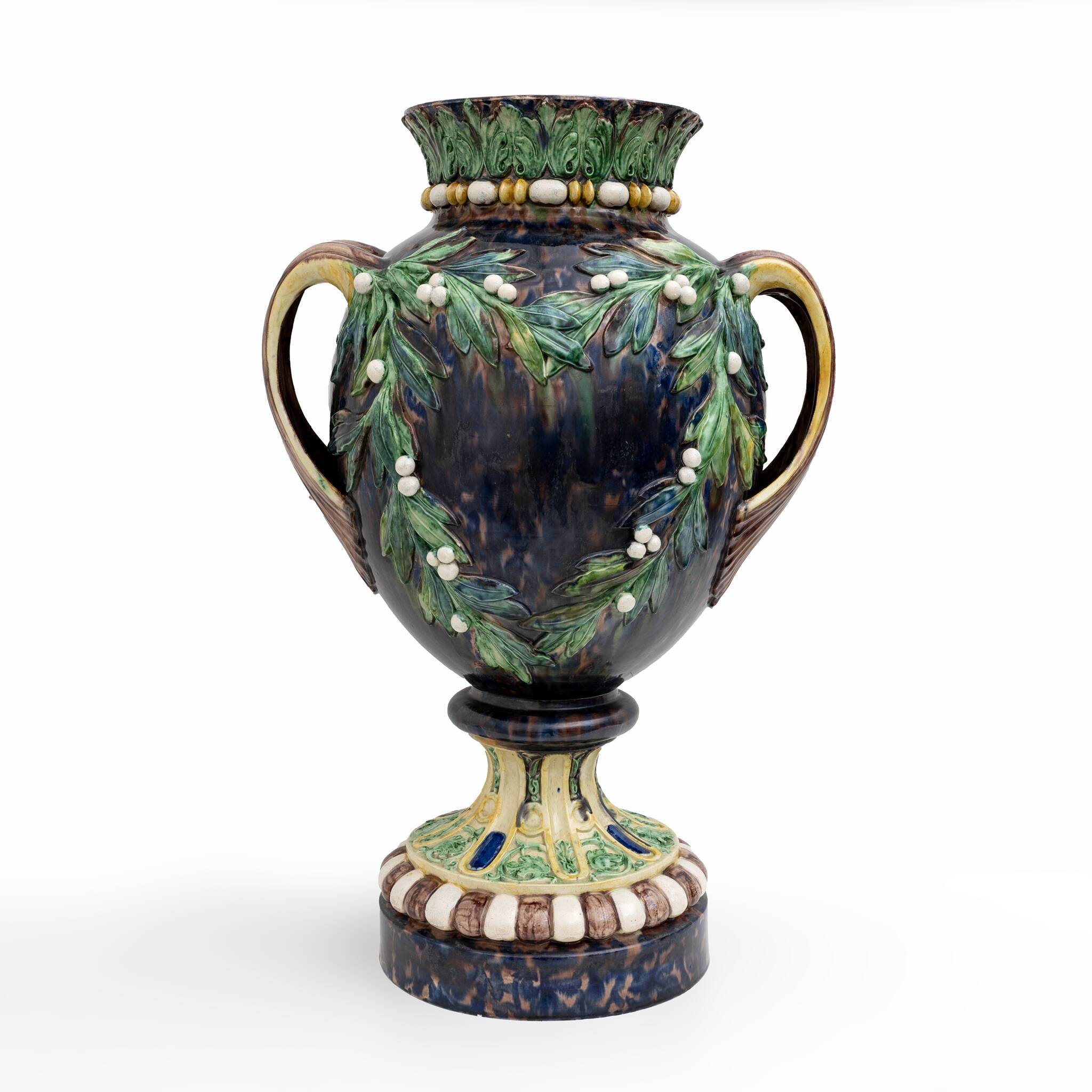 Large 19th century French Majolica Renaissance Palissy Vase with Mistletoe