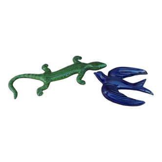 Glazed ceramic lizard and swallow Céra d' art and Clarous