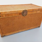 Vintage trunk in wood, rattan, caning, and brass.