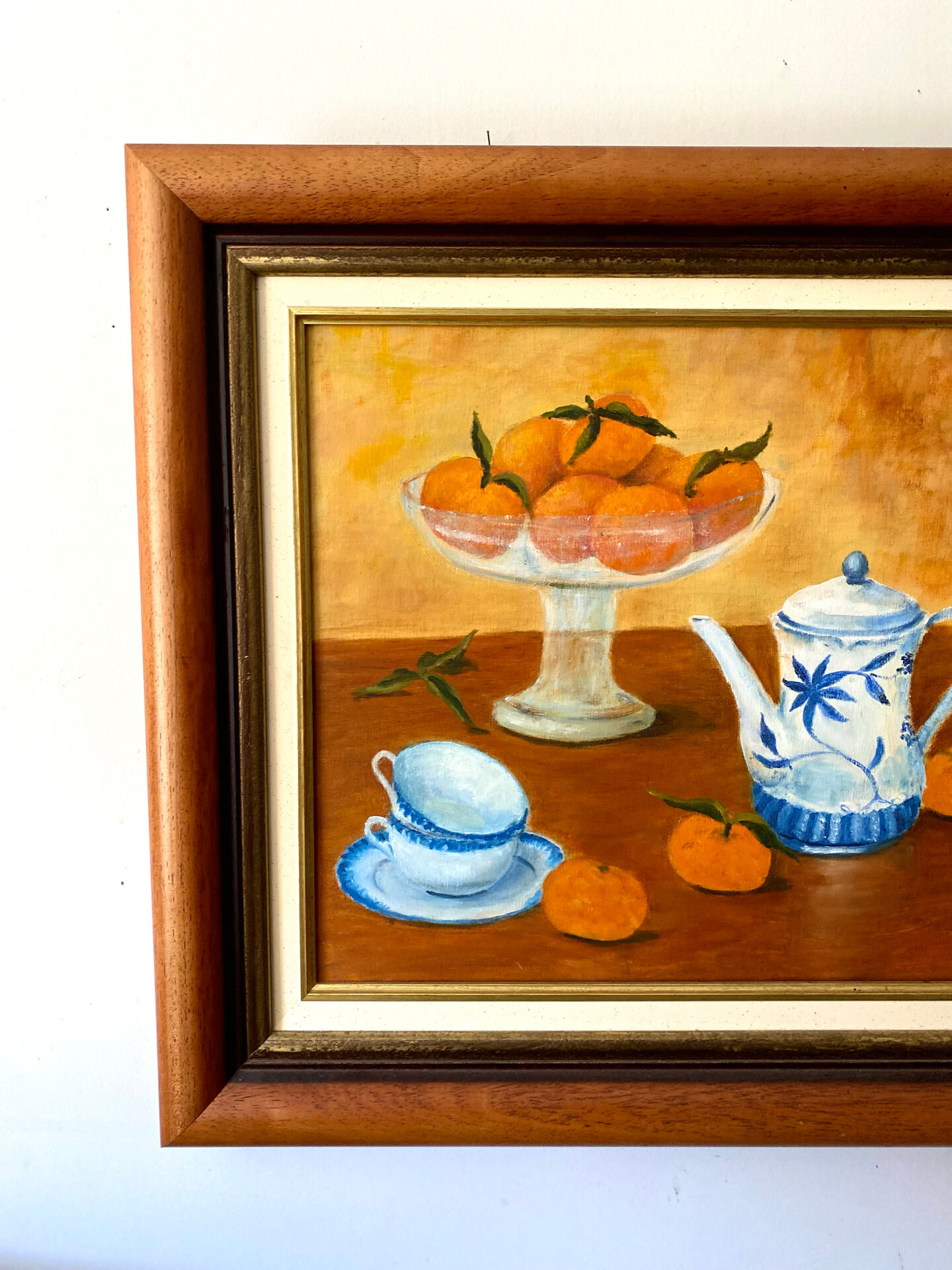 Still life with mandarins and blue pottery, oil on canvas