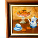 Still life with mandarins and blue pottery, oil on canvas